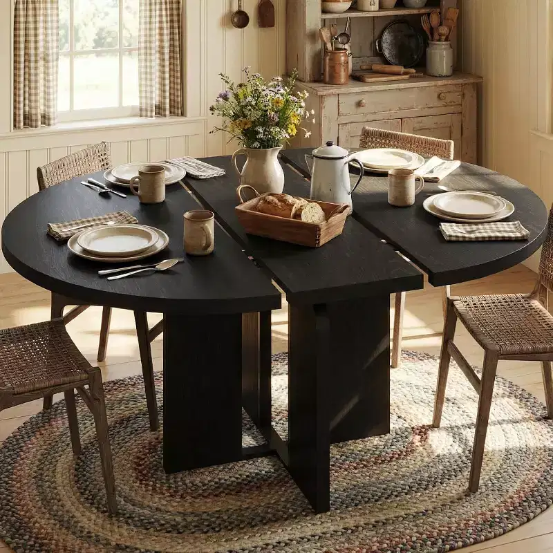 Table à manger ronde extensible 47-63 pour 4-8 personnes, table de cuisine extensible en bois de style ferme avec cadre métallique, ovale peu encombrante pour appartement, gris rétro