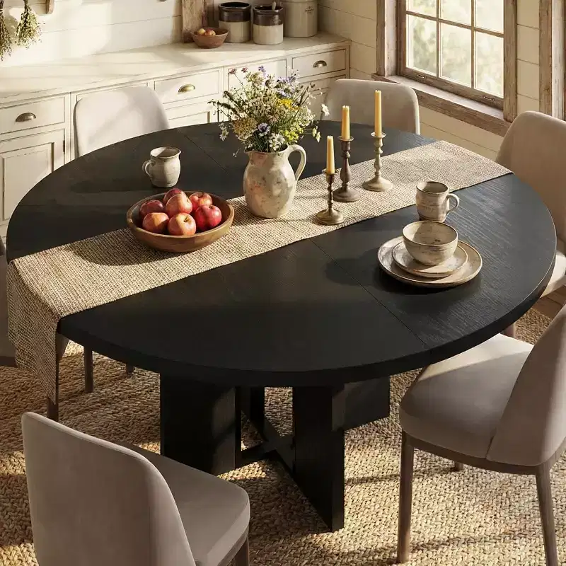Table à manger ronde extensible 47-63 pour 4-8 personnes, table de cuisine extensible en bois de style ferme avec cadre métallique, ovale peu encombrante pour appartement, gris rétro