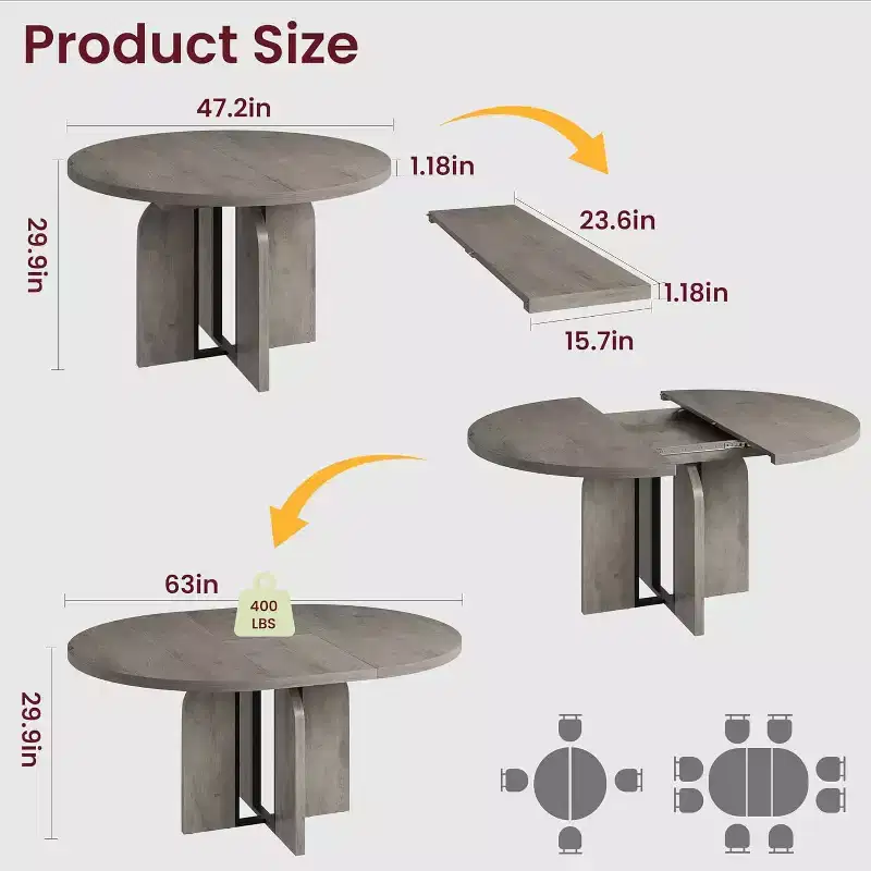 Table à manger ronde extensible 47-63 pour 4-8 personnes, table de cuisine extensible en bois de style ferme avec cadre métallique, ovale peu encombrante pour appartement, gris rétro