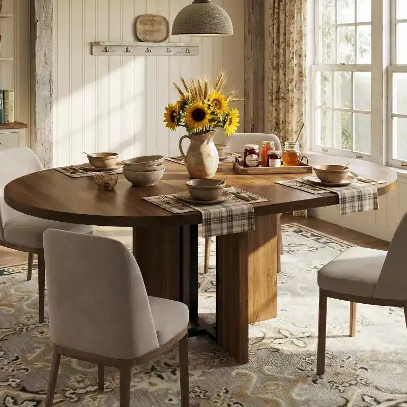 Table à manger ronde extensible 47-63 pour 4-8 personnes, table de cuisine extensible en bois de style ferme avec cadre métallique, ovale peu encombrante pour appartement, gris rétro