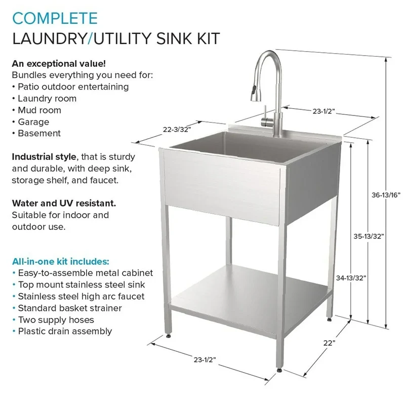 Évier de buanderie et support de lavage en acier inoxydable de 24 po L x 22 po P x 35 po H