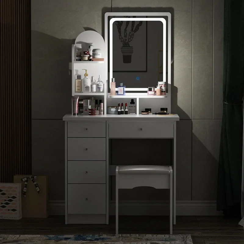 Coiffeuse avec miroir LED intégré et tabouret