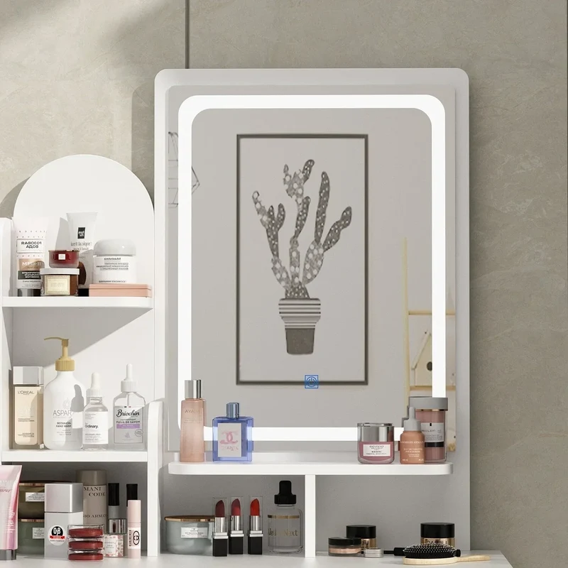 Coiffeuse avec miroir LED intégré et tabouret