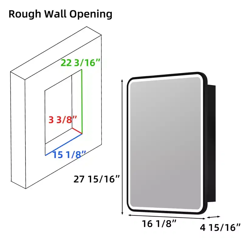 Armoire à pharmacie LED noire / blanche / dorée, porte simple, charnière à gauche ou à droite, encastrée ou murale