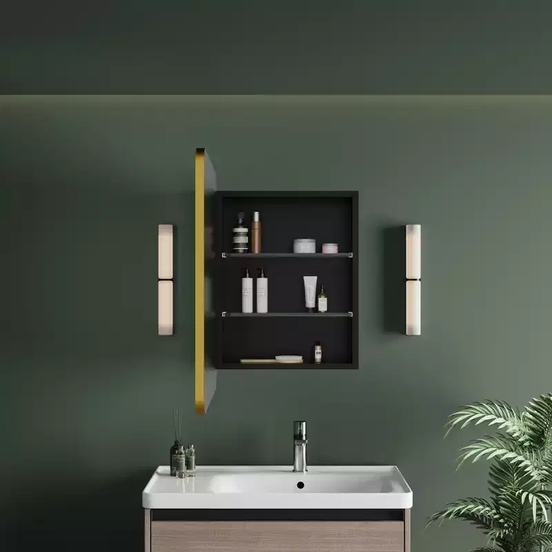 Armoire à pharmacie LED noire / blanche / dorée, porte simple, charnière à gauche ou à droite, encastrée ou murale