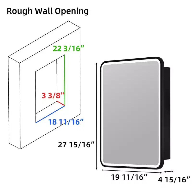 Armoire à pharmacie LED noire / blanche / dorée, porte simple, charnière à gauche ou à droite, encastrée ou murale