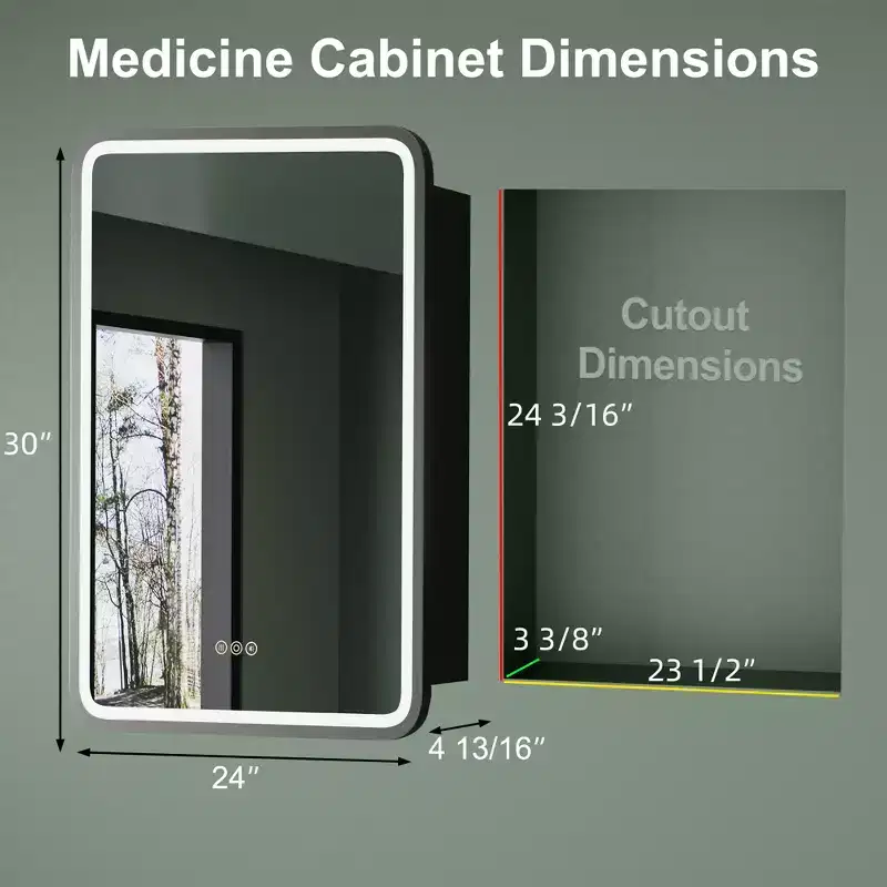 Armoire à pharmacie LED noire / blanche / dorée, porte simple, charnière à gauche ou à droite, encastrée ou murale