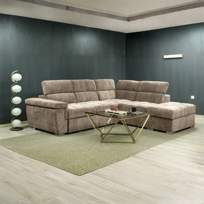 Divano letto angolare reversibile con poggiatesta regolabili e pouf in tessuto cappuccino Amalfi