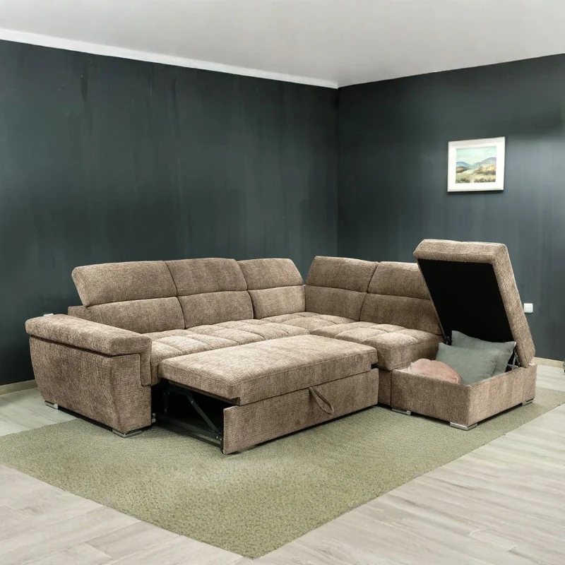Divano letto angolare reversibile con poggiatesta regolabili e pouf in tessuto cappuccino Amalfi
