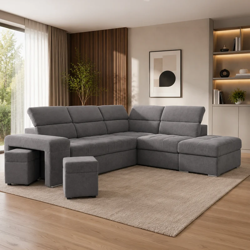 Divano angolare reversibile con poggiatesta regolabili, pouf e funzione letto grigio Positano