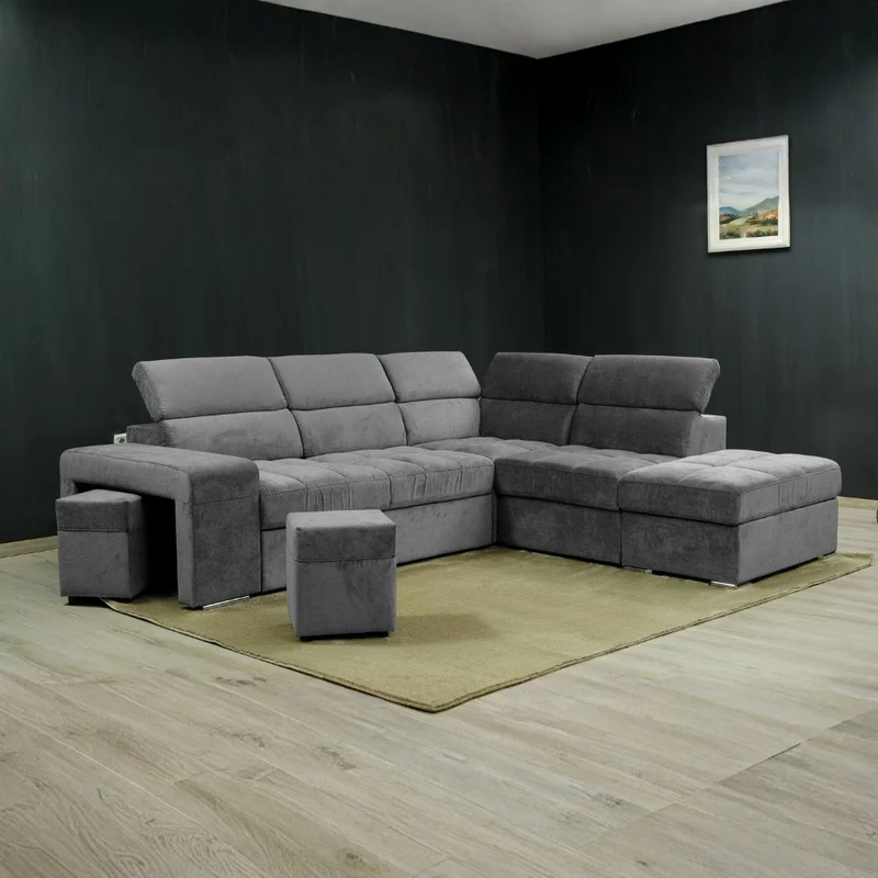 Divano angolare reversibile con poggiatesta regolabili, pouf e funzione letto grigio Positano