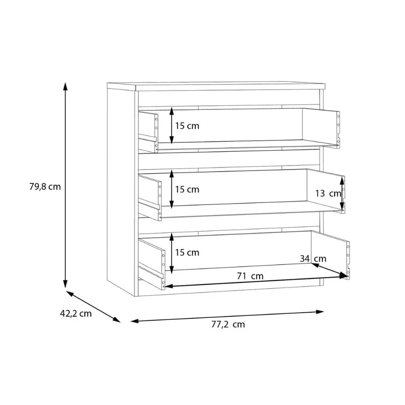 Cassettiera 3 cassetti colore rovere 77.2x42.2x80H Morgan