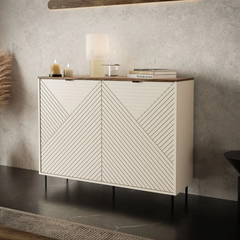 Credenza 2 ante design geometrico colore cashmere e top rovere Mirage01