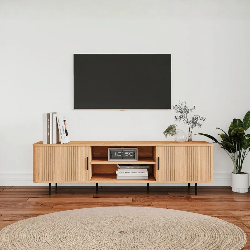 Mobile porta Tv con ante scorrevoli listellate e vani a giorno colore rovere oak 160x40x45H Kajsa56b