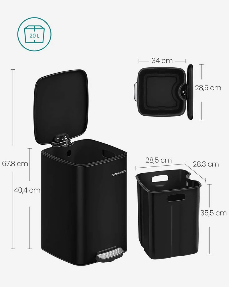 Poubelle de cuisine à pédale 34 x 28,5 x 40,4 cm avec seau intérieur pratique design moderne en acier noir 12_0011581