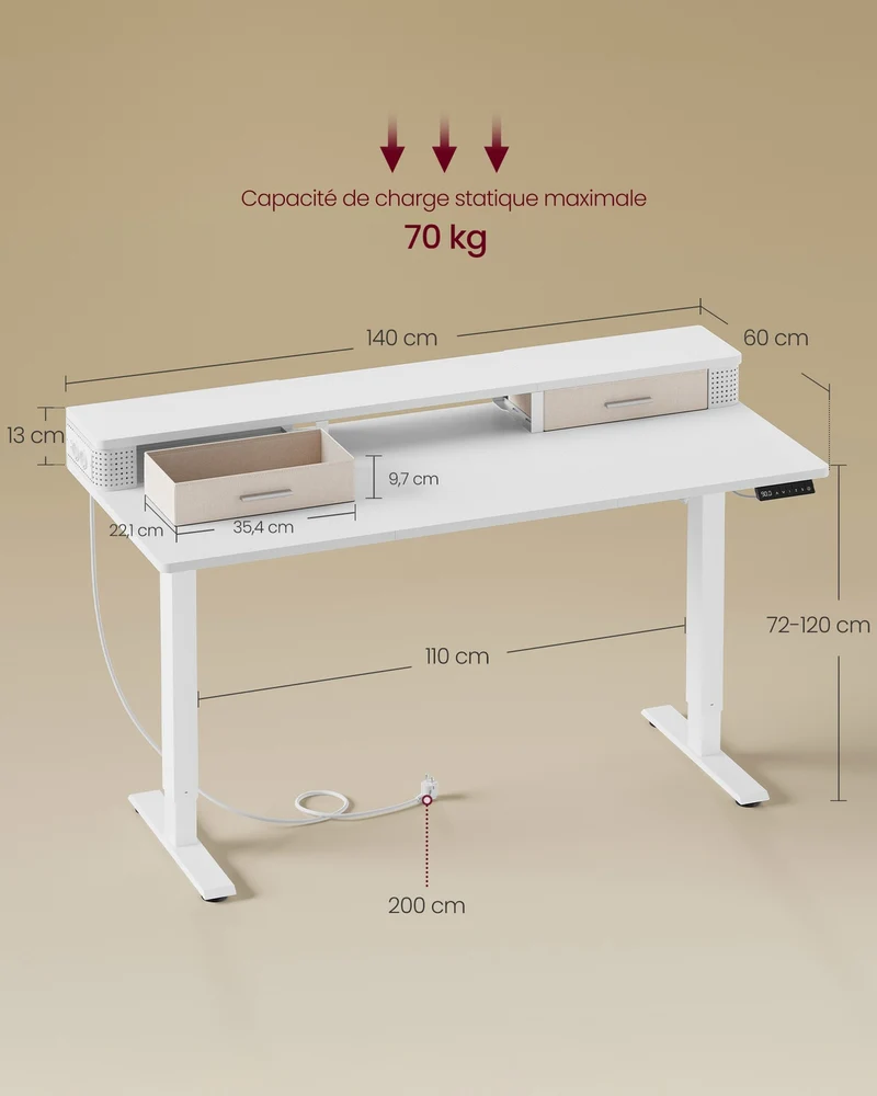 Bureau assis-debout réglable en hauteur 140 x 60 x 120 cm support pour écran finition moderne en aggloméré blanc 12_0011250