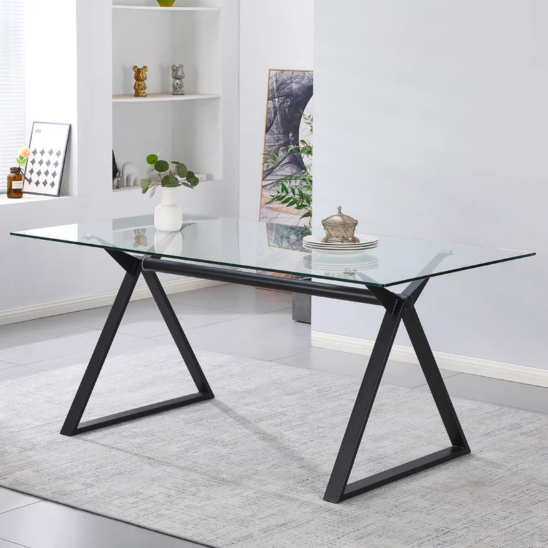 Tavolo da pranzo 150×90 cm in vetro temperato con gambe a cavalletto nere Skylar