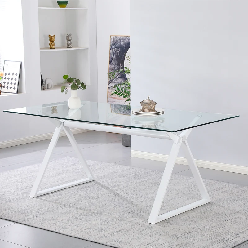 Tavolo da pranzo 180×90 cm in vetro temperato con gambe a cavalletto bianche Skylar