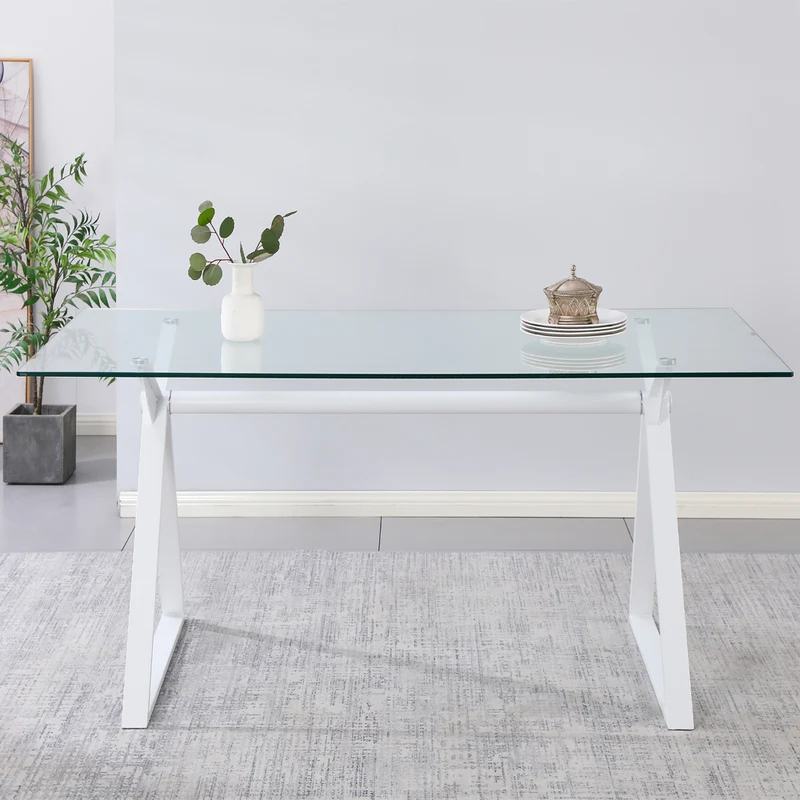Tavolo da pranzo 180×90 cm in vetro temperato con gambe a cavalletto bianche Skylar