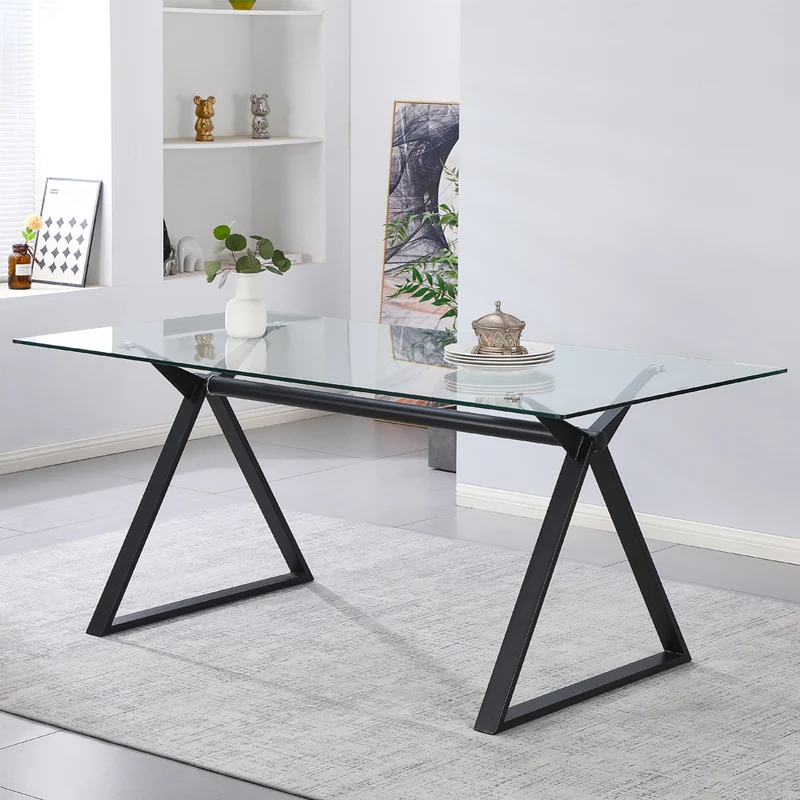 Tavolo da pranzo 180×90 cm in vetro temperato con gambe a cavalletto nere Skylar