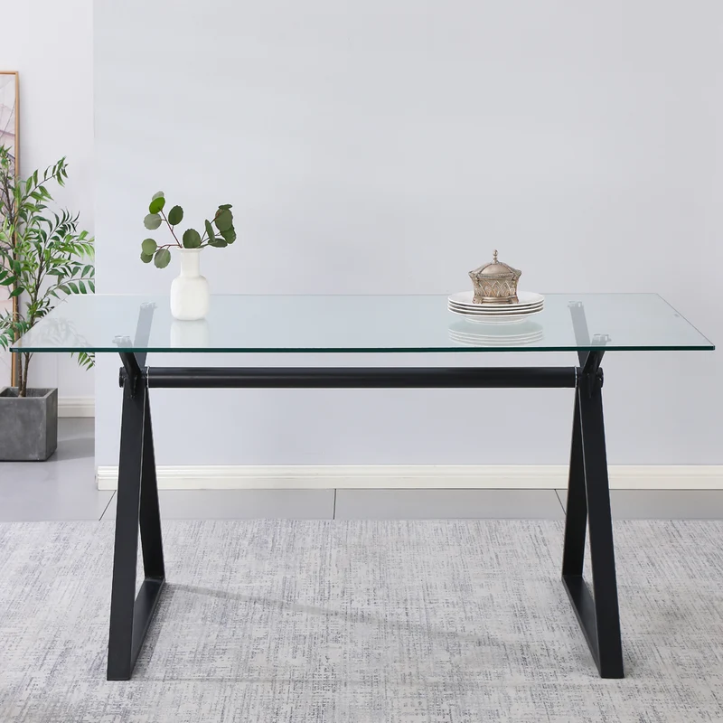 Tavolo da pranzo 180×90 cm in vetro temperato con gambe a cavalletto nere Skylar