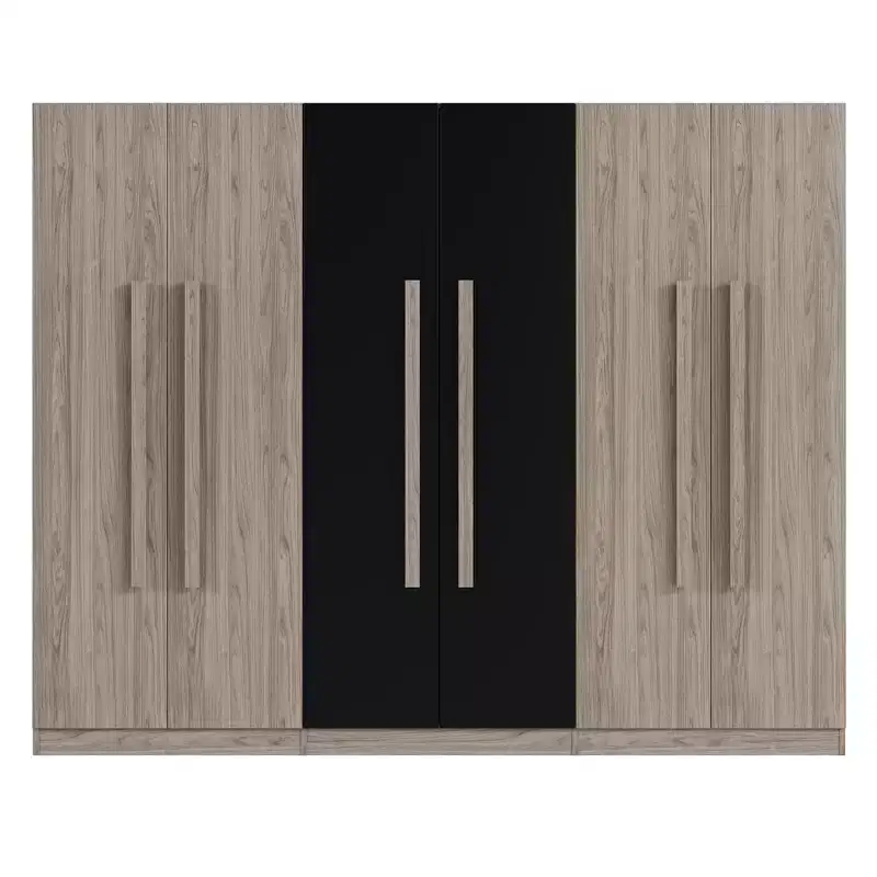 83W Armoire 6 Portes, Rangement de Vêtements avec 2 Tiroirs, Tringles et Étagères, Noir+Naturel-ModernLuxe