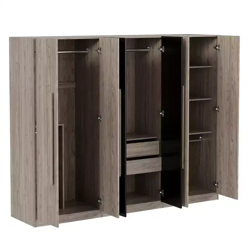 83W Armoire 6 Portes, Rangement de Vêtements avec 2 Tiroirs, Tringles et Étagères, Noir+Naturel-ModernLuxe