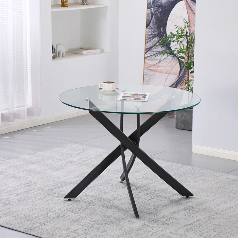 Tavolo rotondo 130x130 cm in vetro temperato con gambe incrociate nero Peyton