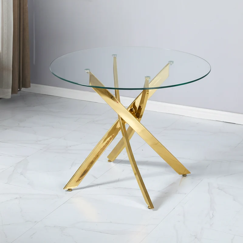 Tavolo rotondo 130x130 cm in vetro temperato con gambe incrociate oro Peyton