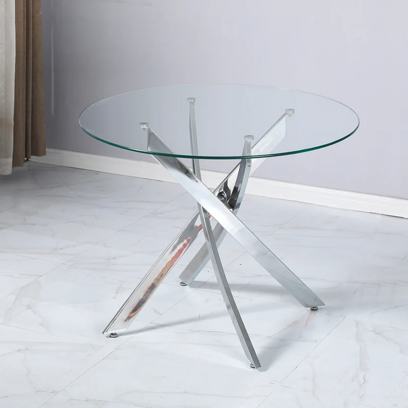 Tavolo rotondo 130x130 cm in vetro temperato con gambe incrociate cromate Peyton