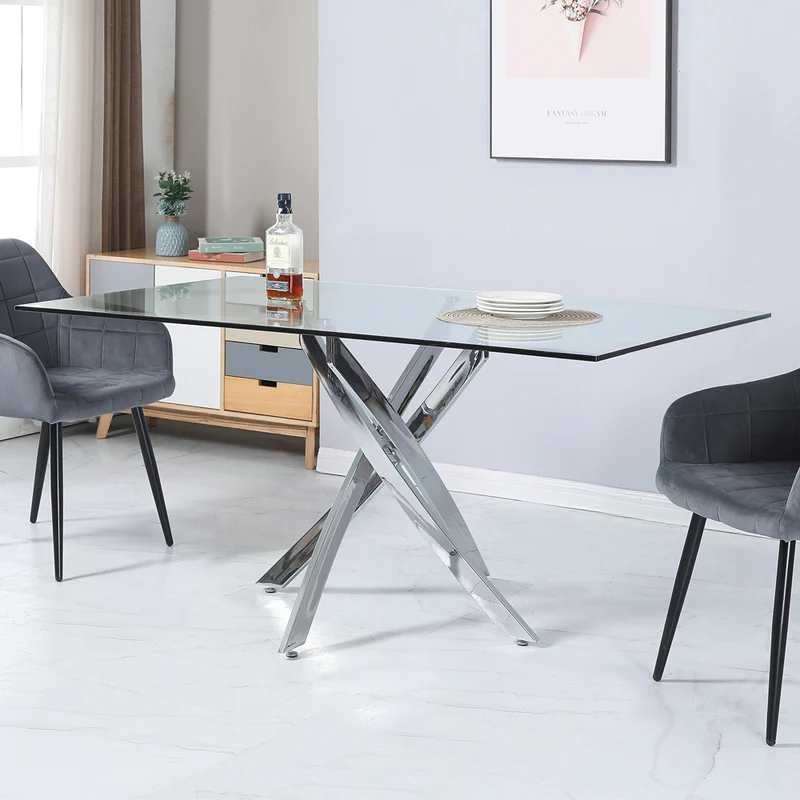 Tavolo 160×90 cm in vetro temperato con gambe incrociate cromate Peyton