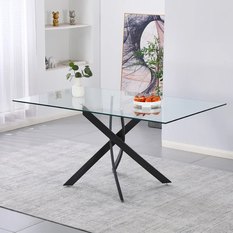 Tavolo 160×90 cm in vetro temperato con gambe incrociate nere Peyton