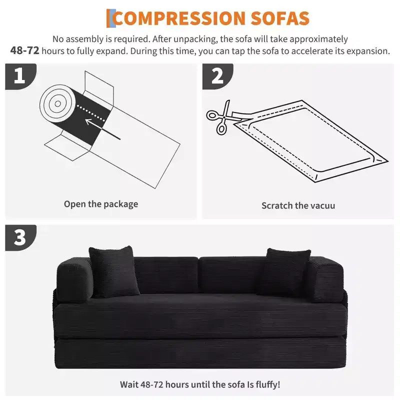 Canapé convertible, matelas pliant 5-en-1 de 78,8 po, cadre en acier à forme fixe, velours côtelé avec oreillers