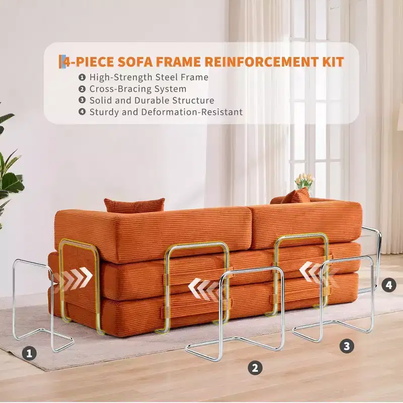Canapé convertible, matelas pliant 5-en-1 de 78,8 po, cadre en acier à forme fixe, velours côtelé avec oreillers