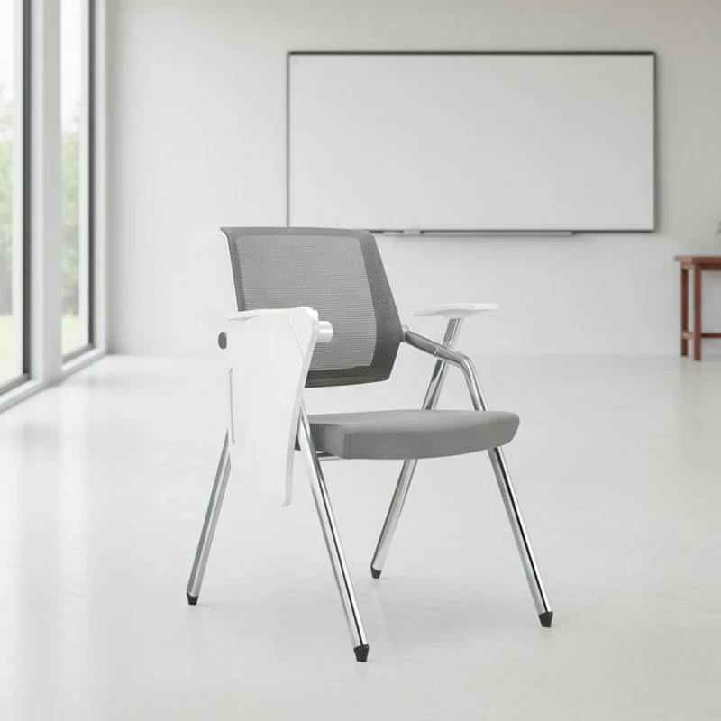 Sedia ufficio con tavolino ribaltabile schienale in rete grigio e gambe acciaio cromato Loreto