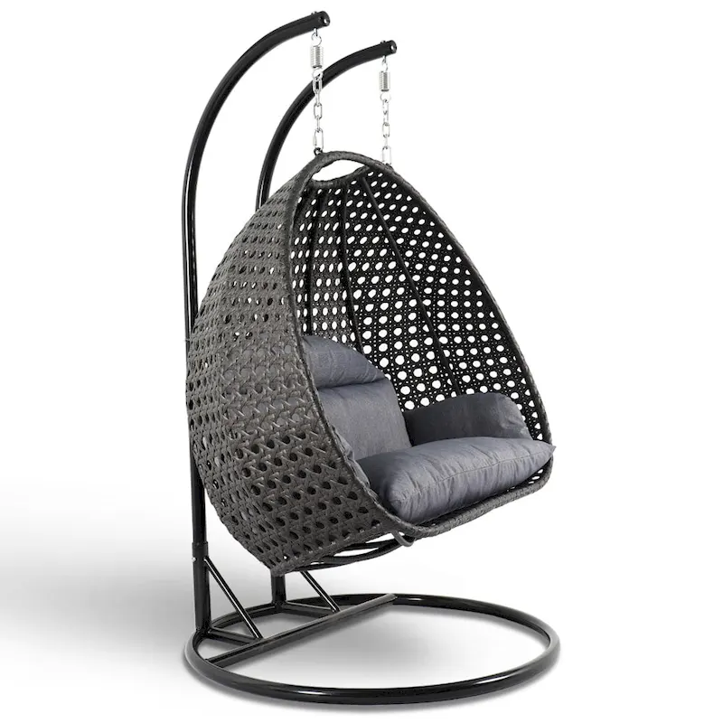 LeisureMod Fauteuil suspendu œuf 2 places avec support - Balançoire / hamac de patio en rotin osier pour extérieur/intérieur avec coussins