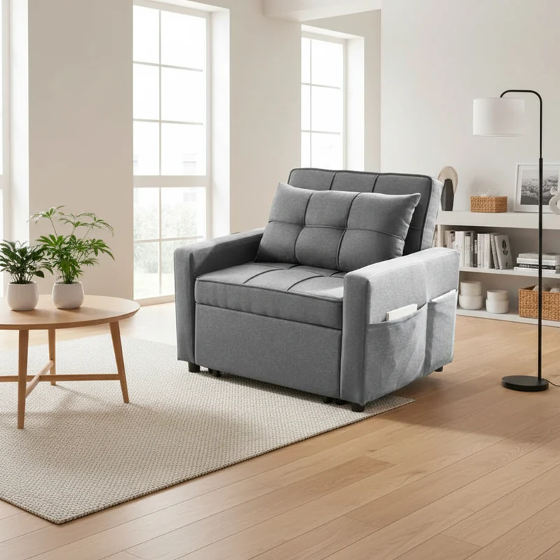 Poltrona letto in tessuto grigio con seduta trapuntata Miray