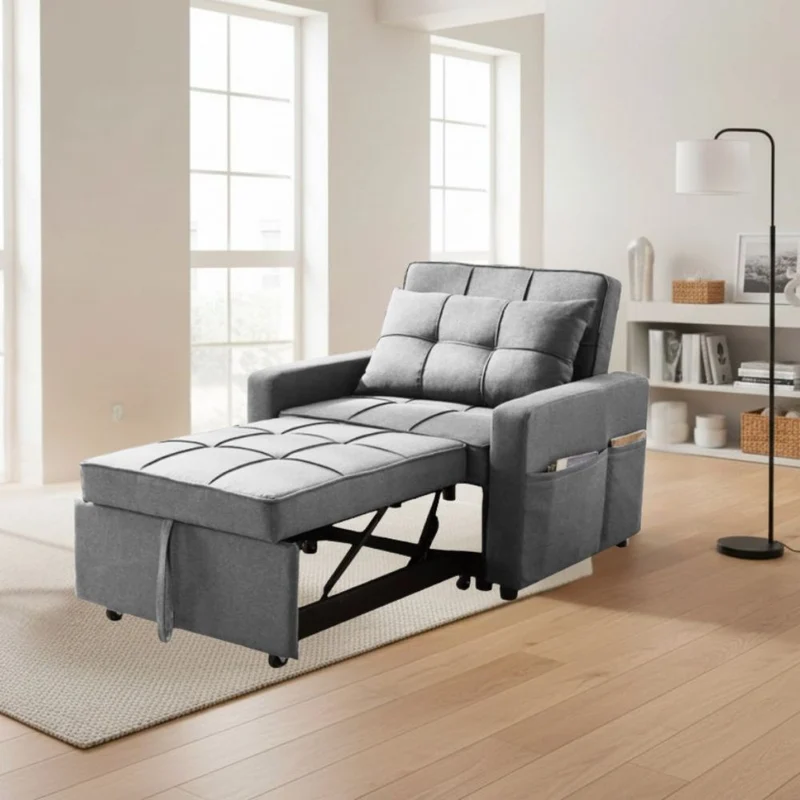 Poltrona letto in tessuto grigio con seduta trapuntata Miray