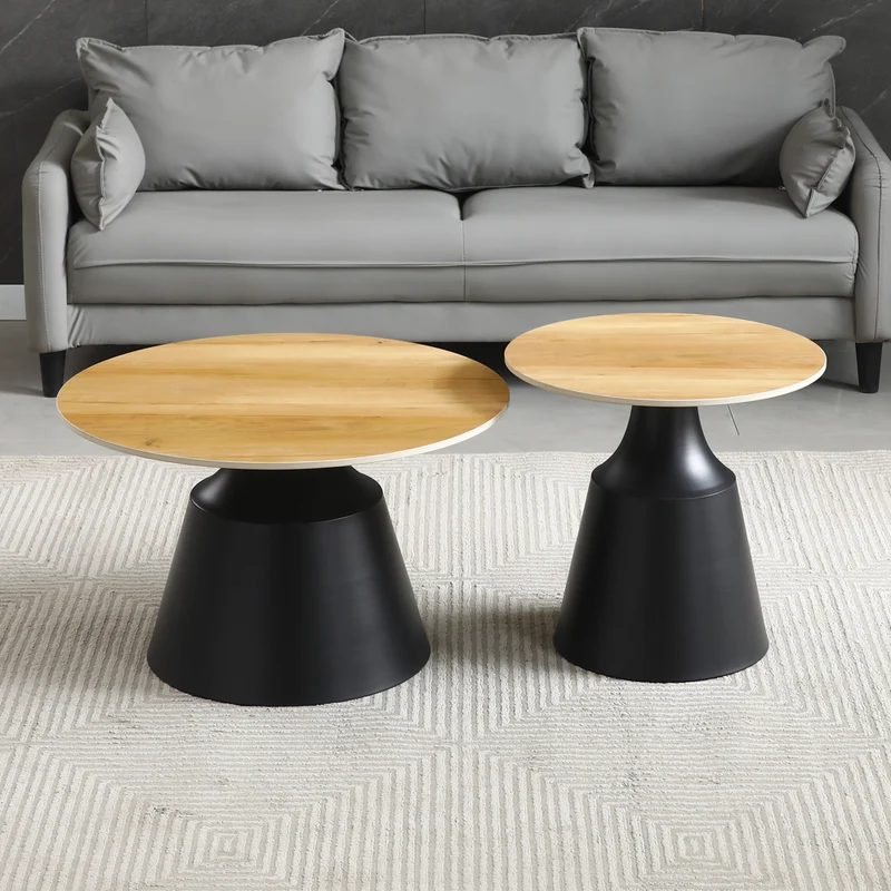 Set tavolini rotondi in ceramica rovere con struttura in metallo nero Dual