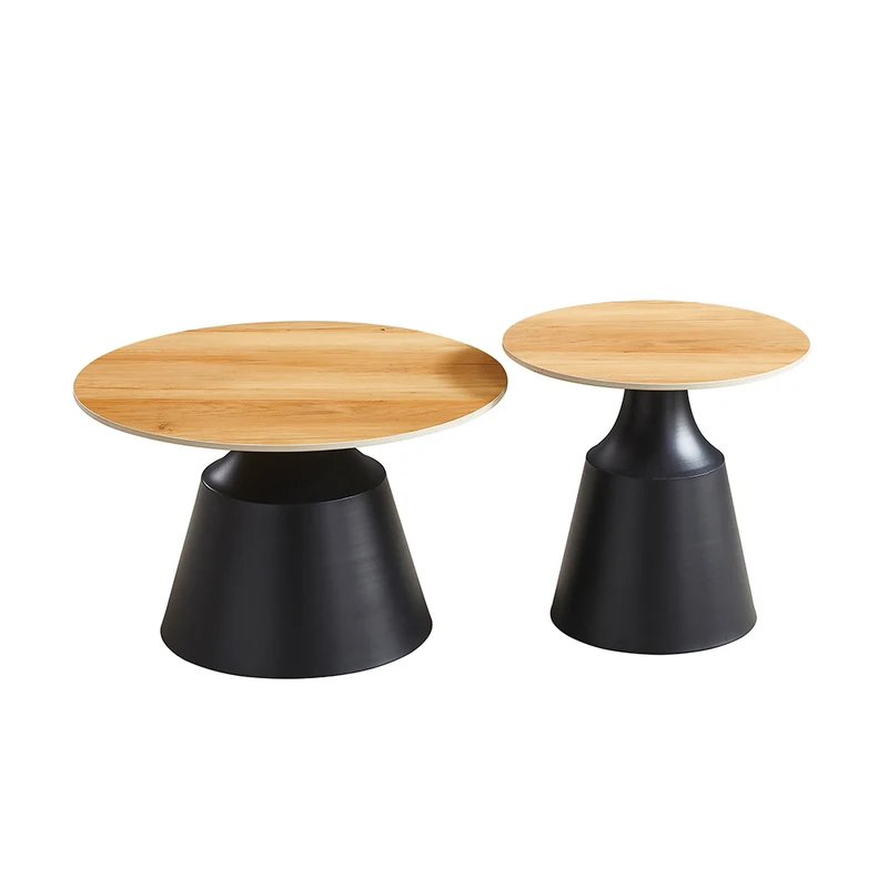 Set tavolini rotondi in ceramica rovere con struttura in metallo nero Dual