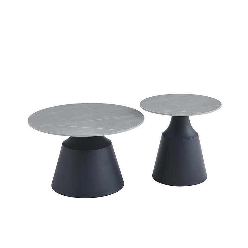 Set tavolini rotondi in ceramica grigio opaco con struttura in metallo nero Dual