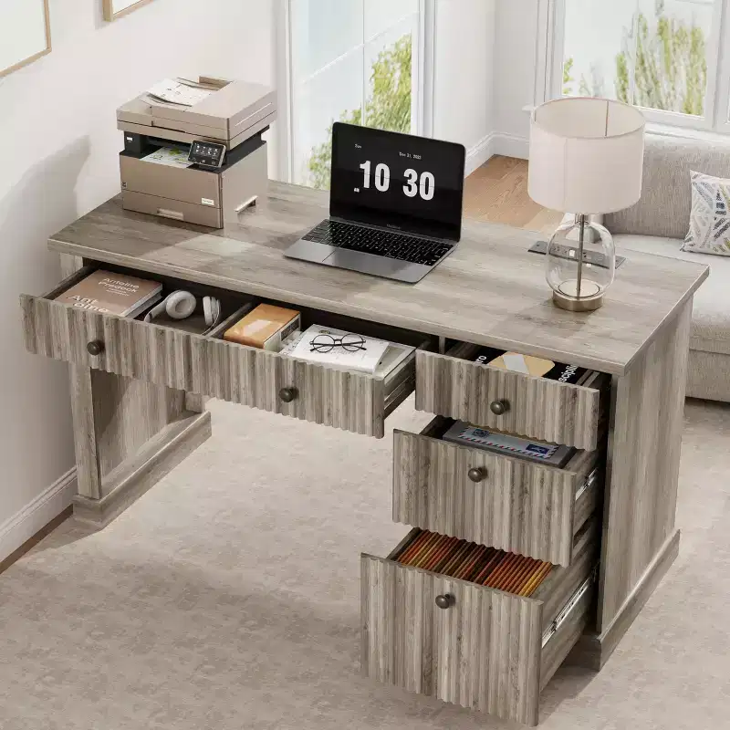 Meuble de rangement de bureau cannelé, bureau de direction moderne de 54 po avec station de recharge, bureau d'ordinateur en bois avec tiroirs classeurs pour bureau d'étude