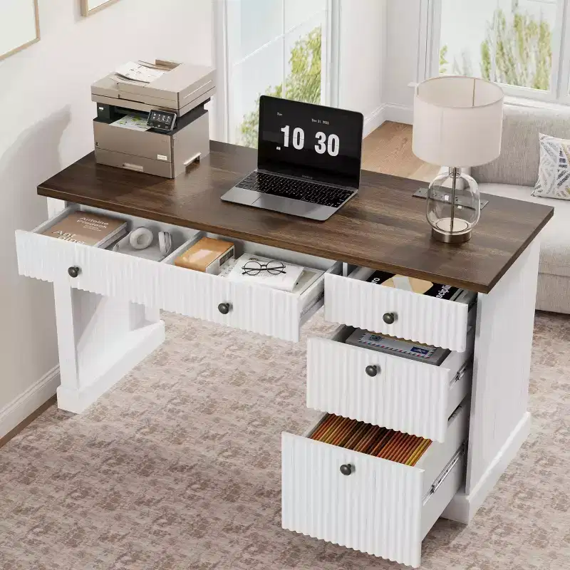 Meuble de rangement de bureau cannelé, bureau de direction moderne de 54 po avec station de recharge, bureau d'ordinateur en bois avec tiroirs classeurs pour bureau d'étude