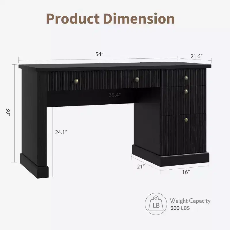 Meuble de rangement de bureau cannelé, bureau de direction moderne de 54 po avec station de recharge, bureau d'ordinateur en bois avec tiroirs classeurs pour bureau d'étude
