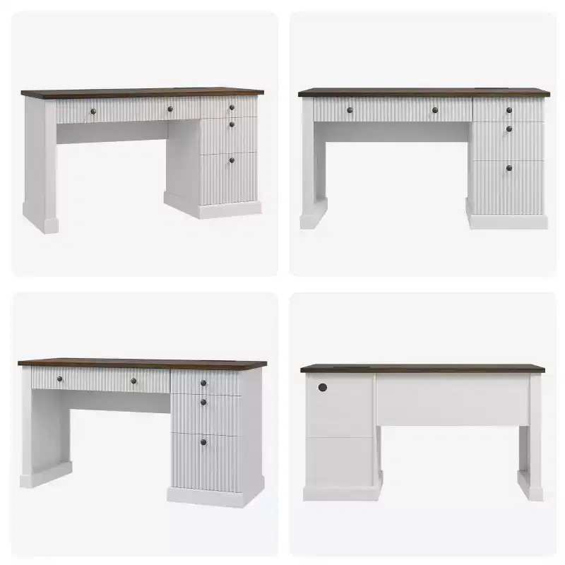 Meuble de rangement de bureau cannelé, bureau de direction moderne de 54 po avec station de recharge, bureau d'ordinateur en bois avec tiroirs classeurs pour bureau d'étude