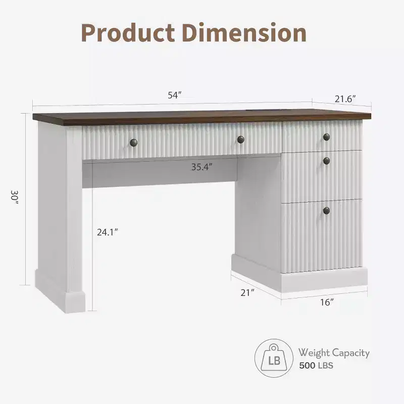 Meuble de rangement de bureau cannelé, bureau de direction moderne de 54 po avec station de recharge, bureau d'ordinateur en bois avec tiroirs classeurs pour bureau d'étude
