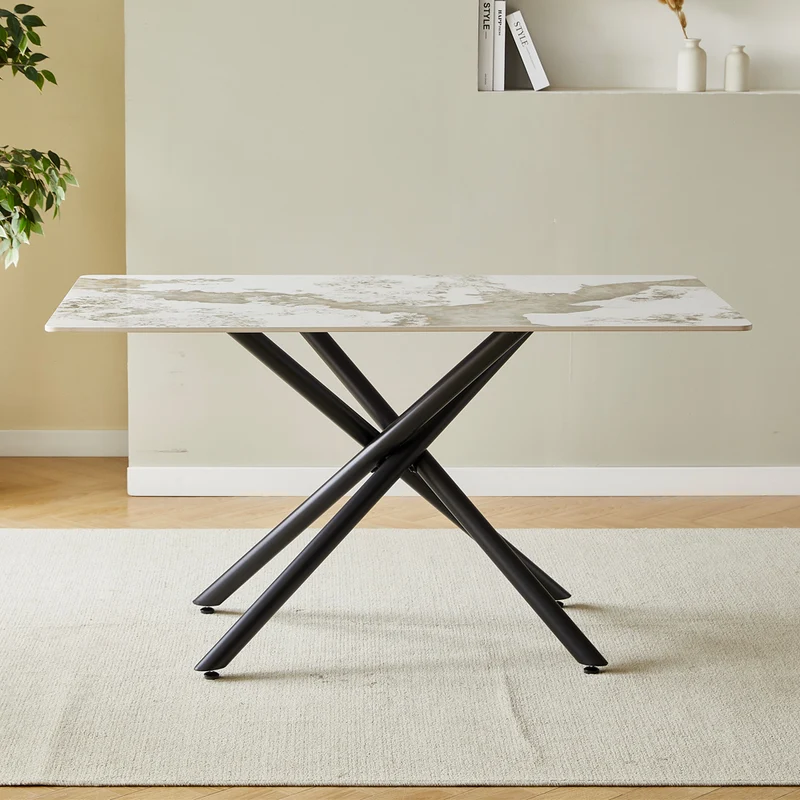 Tavolo con piano in ceramica effetto marmo bianco pandora brown lucido e gambe in metallo nero 140x80x76H Linus2358