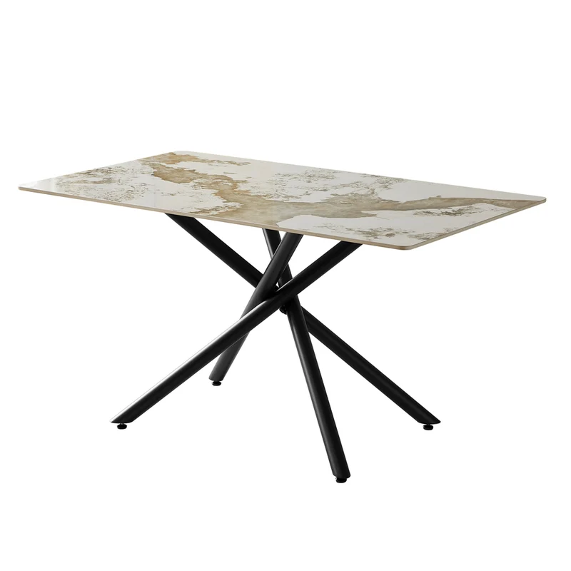 Tavolo con piano in ceramica effetto marmo bianco pandora brown lucido e gambe in metallo nero 140x80x76H Linus2358