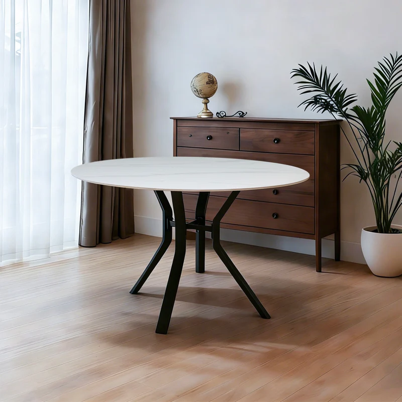 Tavolo rotondo Ø120 con piano in ceramica bianco lucido e struttura nera Aurora
