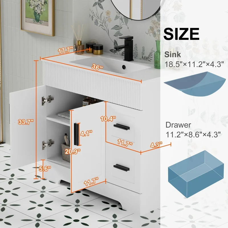 Meuble-lavabo de salle de bain Wavy Line 30/36/48 avec évier et robinet